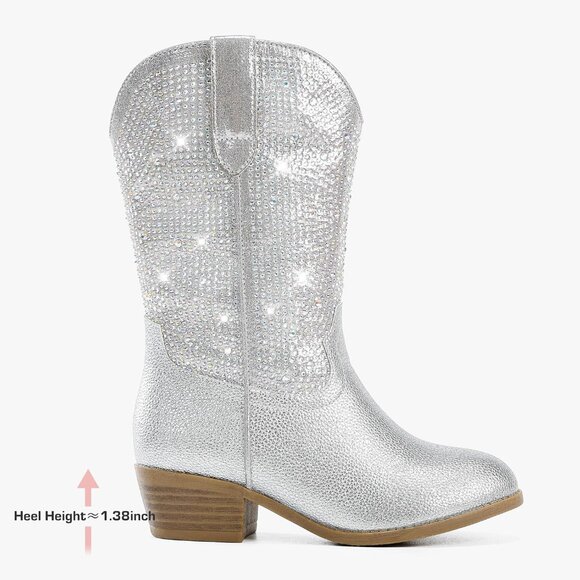 Rhinestone Kids Girls Silver  Cowgirl Boots Sparkly Dress Boot Pointed Toes - Picture 7 of 8